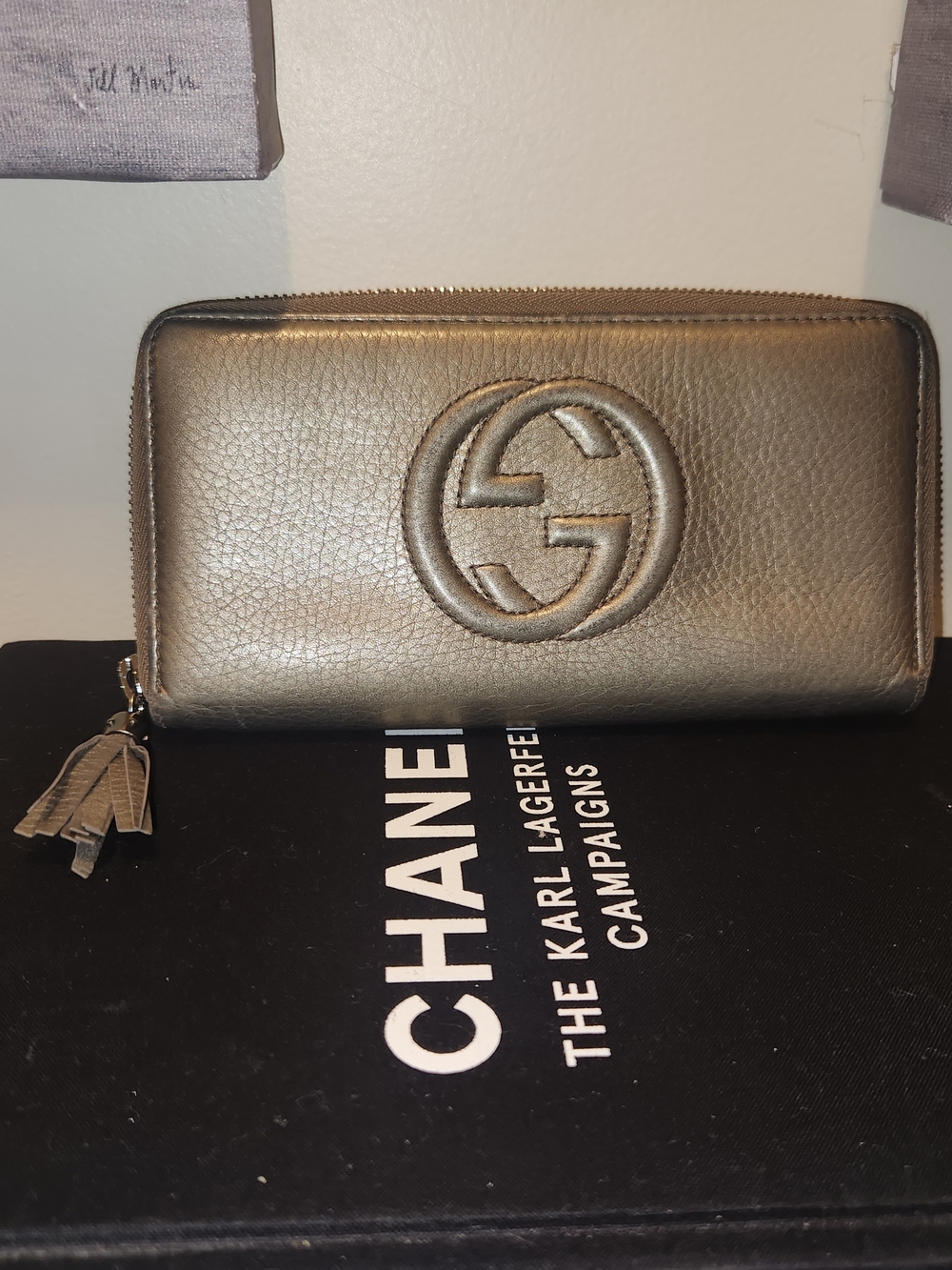 Gucci Metallic Bronze Zip-Around Leather Wallet with Tassel